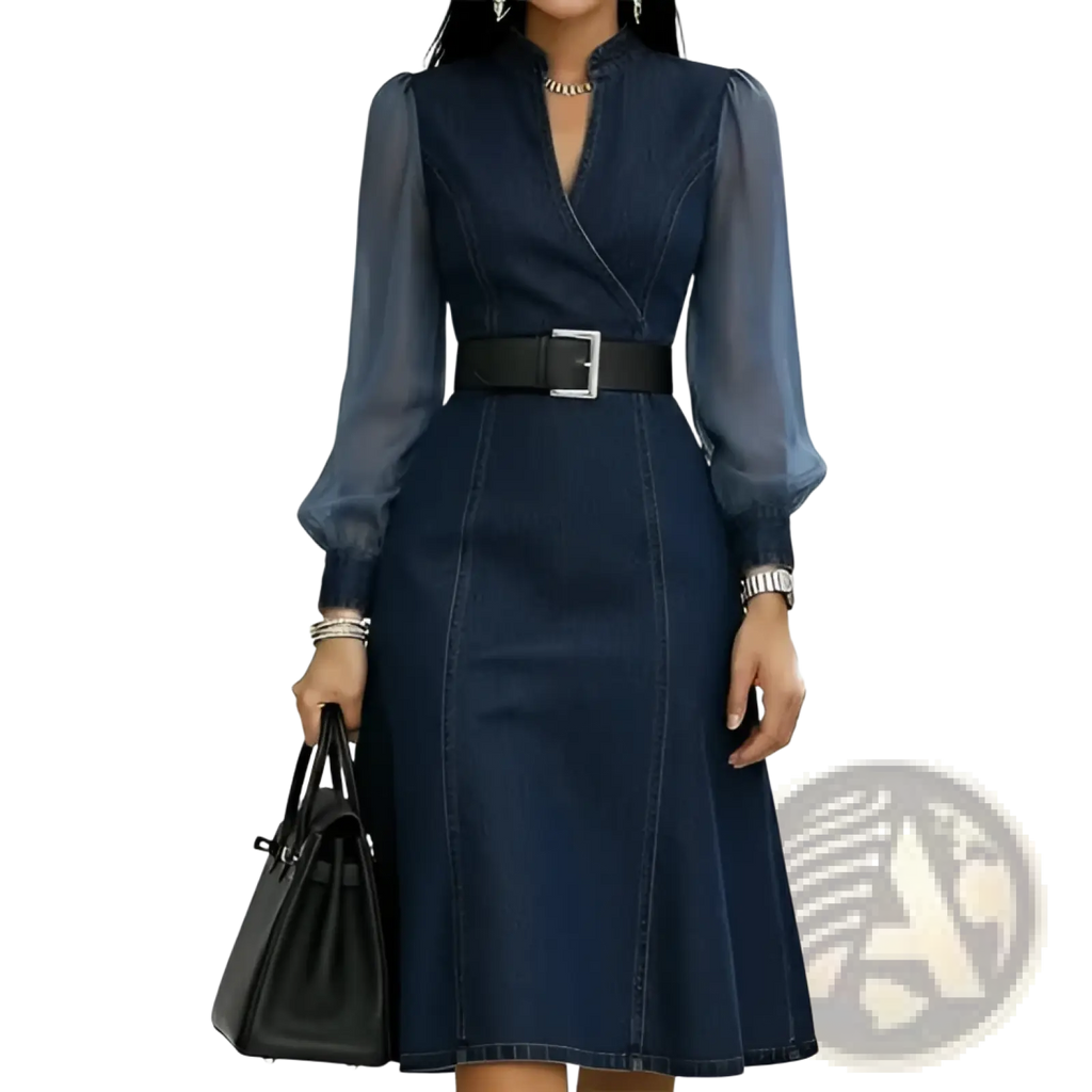 Denim midi dress with sheer long sleeves and a black belt showcasing colorblock design in a formal style