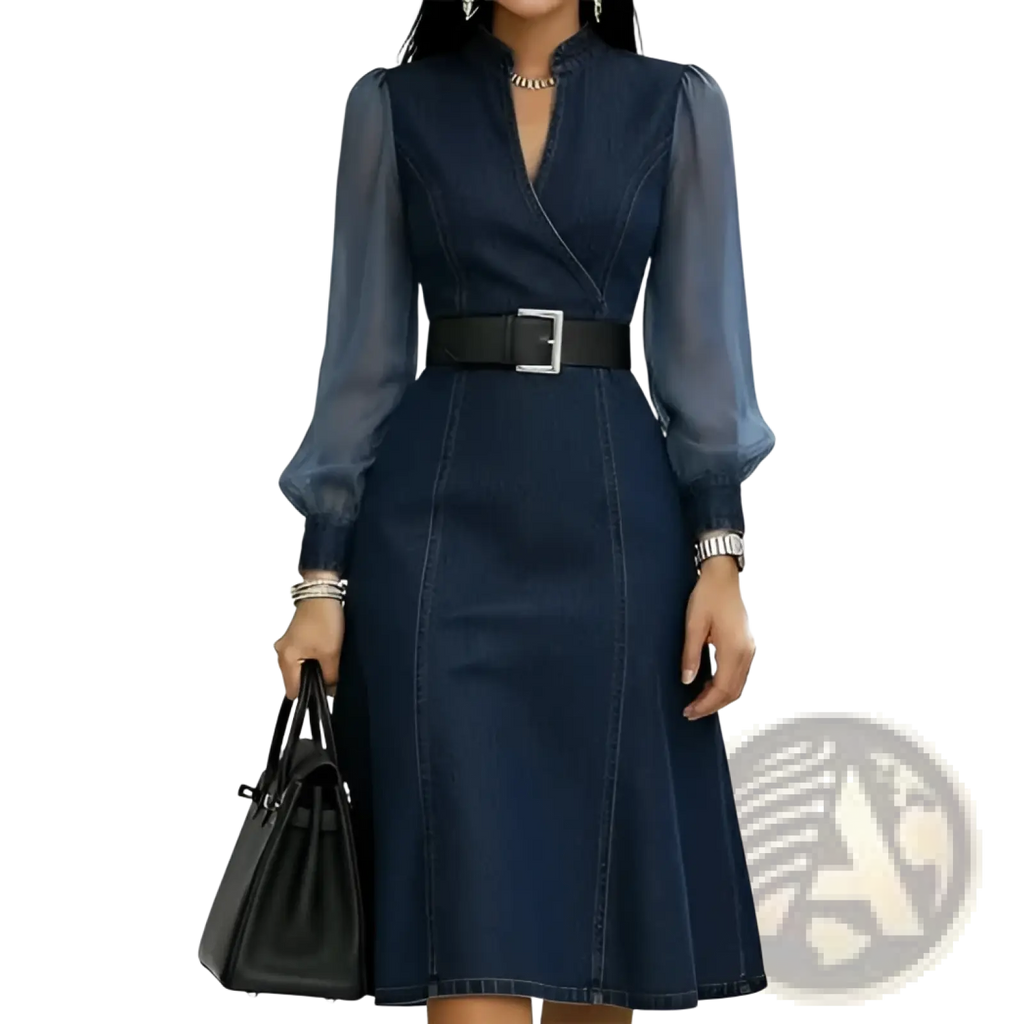 Sheer sleeve colorblock denim midi dress with black belt featuring sheer long sleeves and classic blue denim fabric