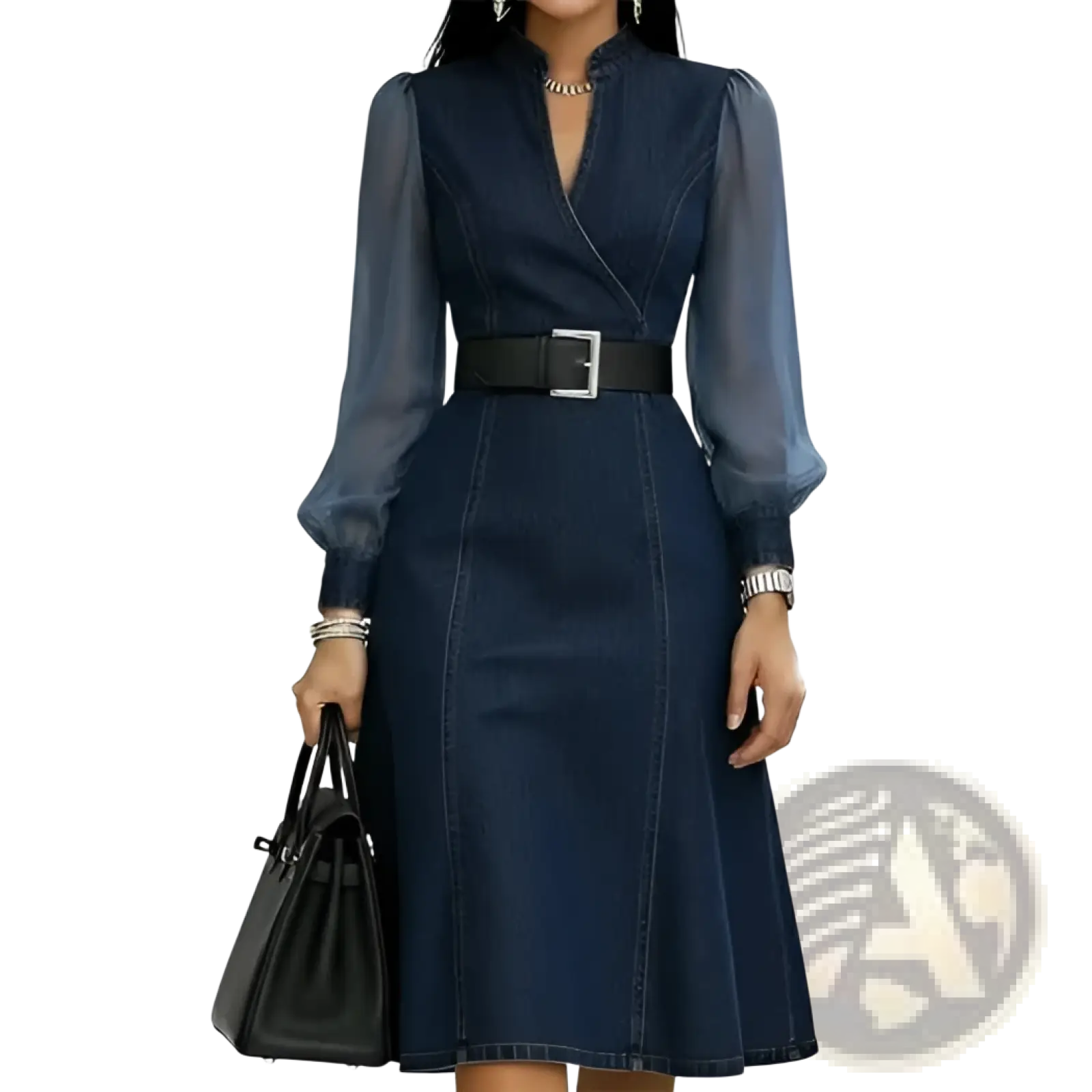 Sheer sleeve colorblock denim midi dress with black belt featuring sheer long sleeves and classic blue denim fabric