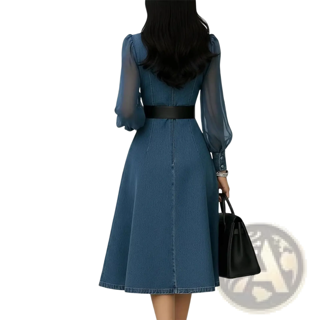 A woman wearing a blue denim midi dress with sheer long sleeves and a black belt showcasing the front view
