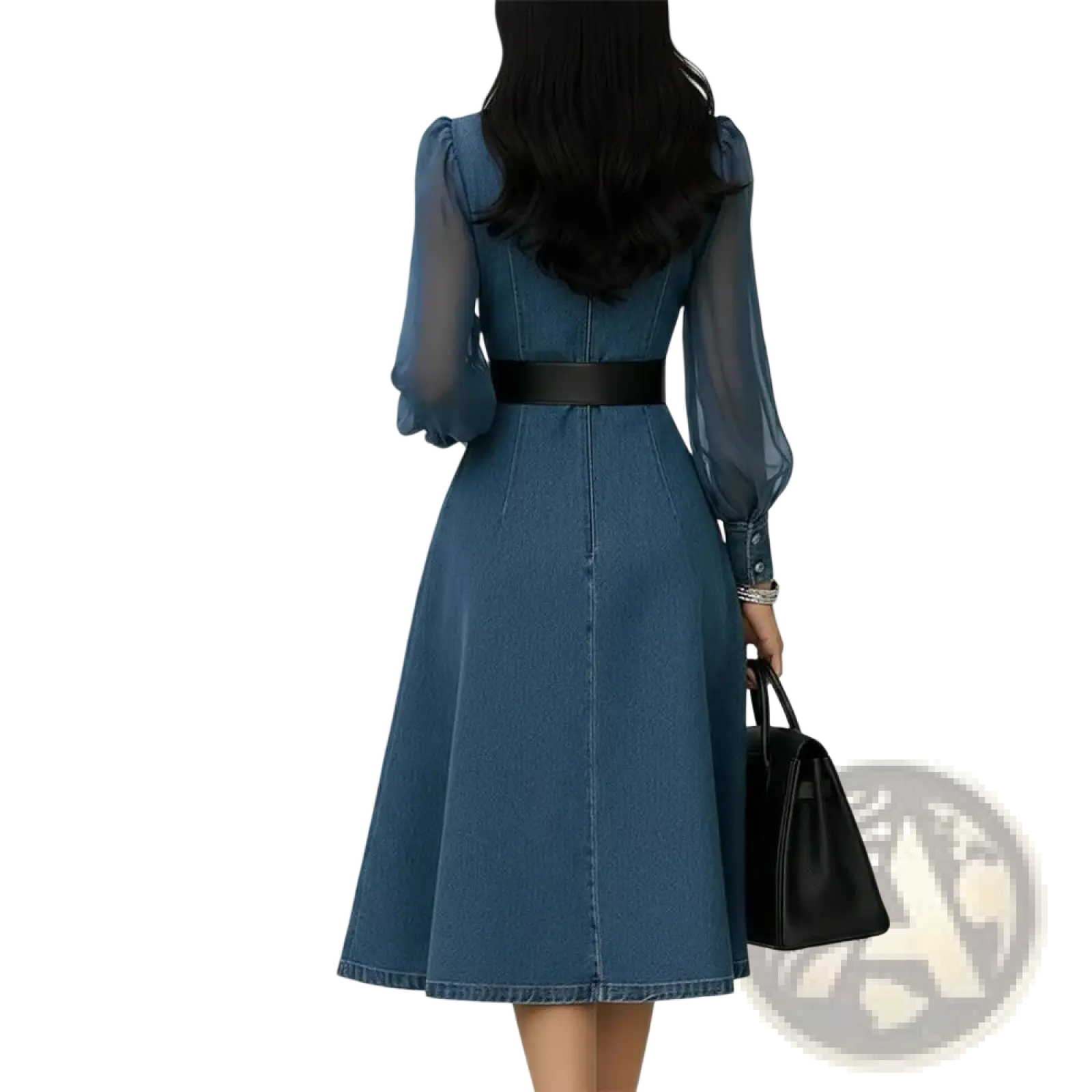 A woman wearing a blue denim midi dress with sheer long sleeves and a black belt showcasing the front view