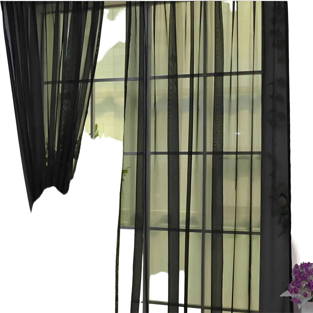 Black sheer tulle window curtain with delicate leaf embroidery along edges for living room and bedroom use