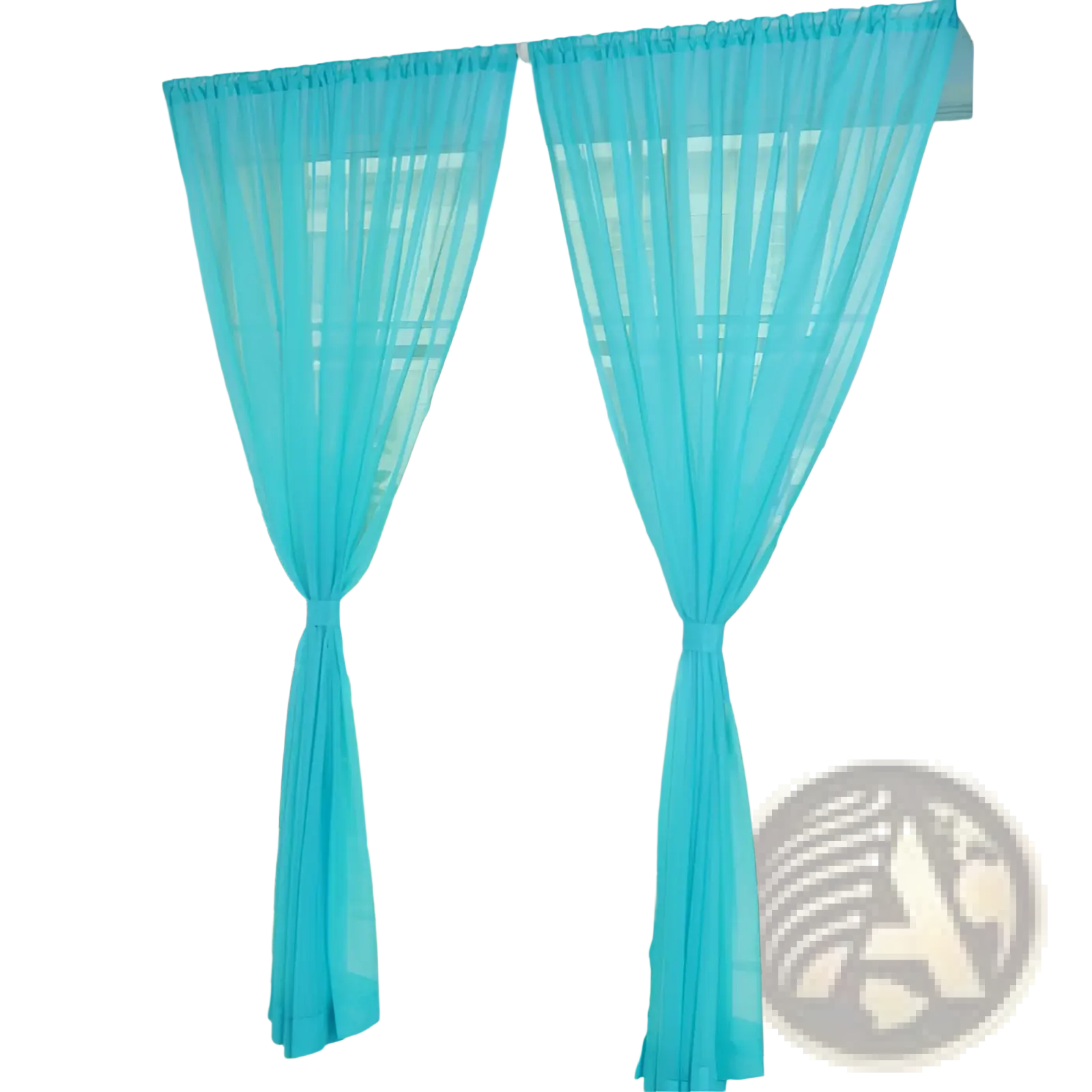 Turquoise sheer tulle window curtain with ruffled top and gathered ties for living room and bedroom use
