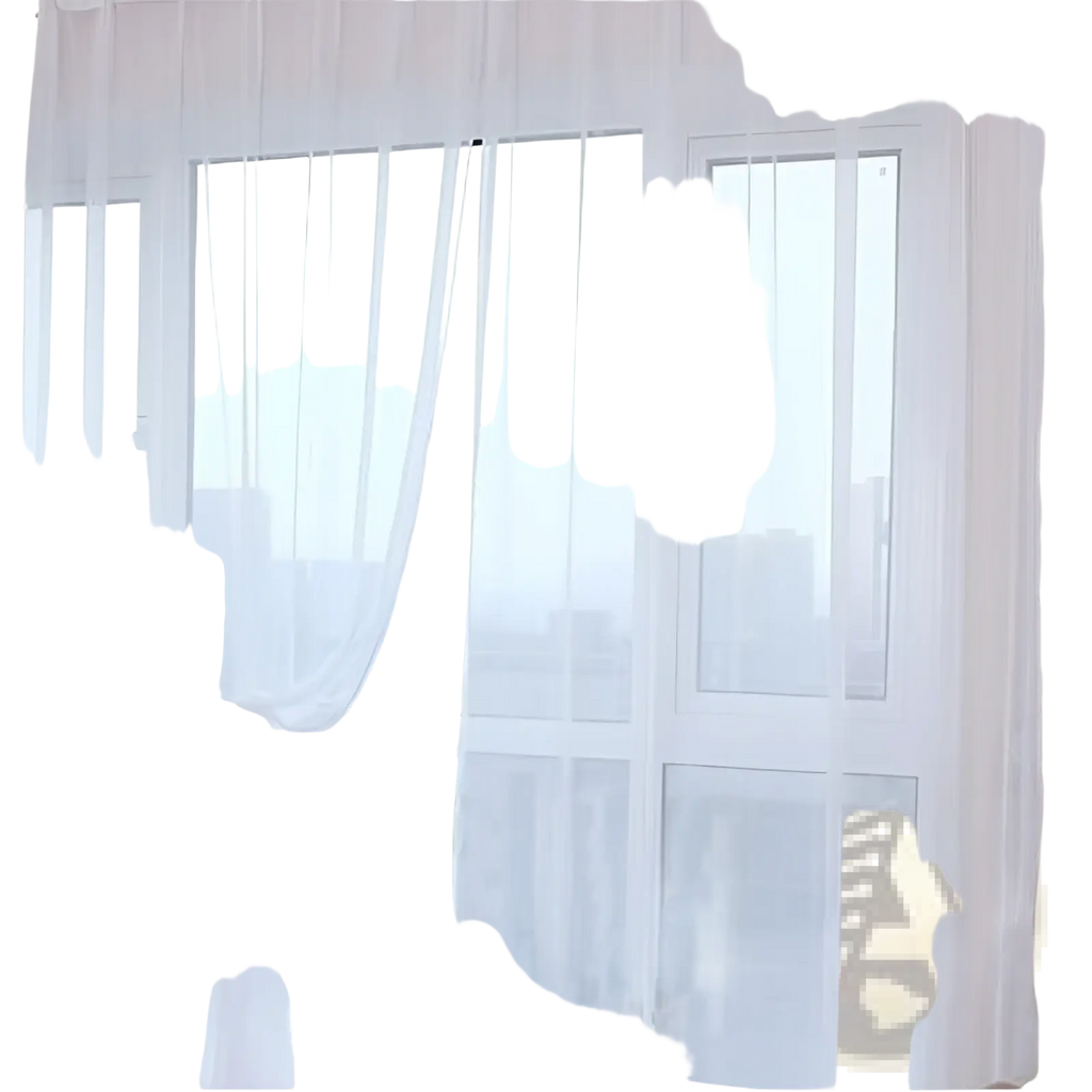 White sheer curtain with delicate flowing design made of tulle for living room and bedroom window decor
