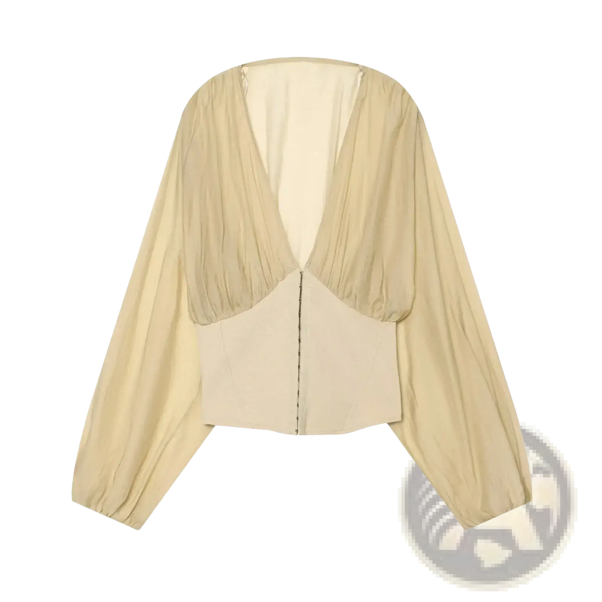 Beige sheer v-neck long sleeve blouse with structured bodice and voluminous sleeves in lightweight fabric