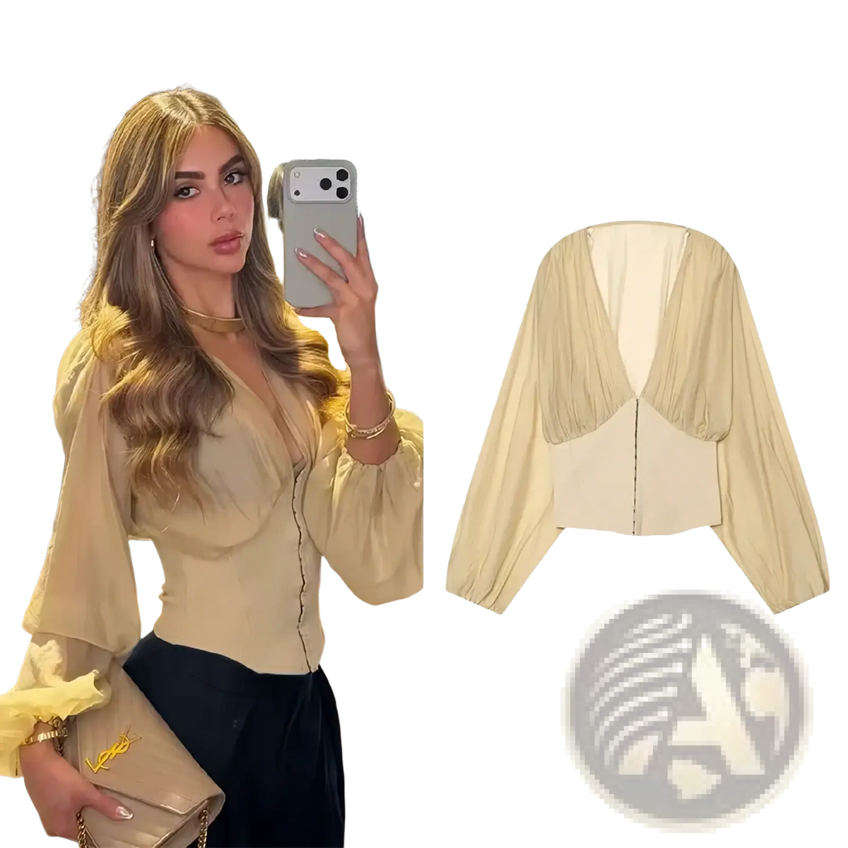 Beige sheer long sleeve blouse with puffed sleeves and deep v-neckline made of lightweight fabric