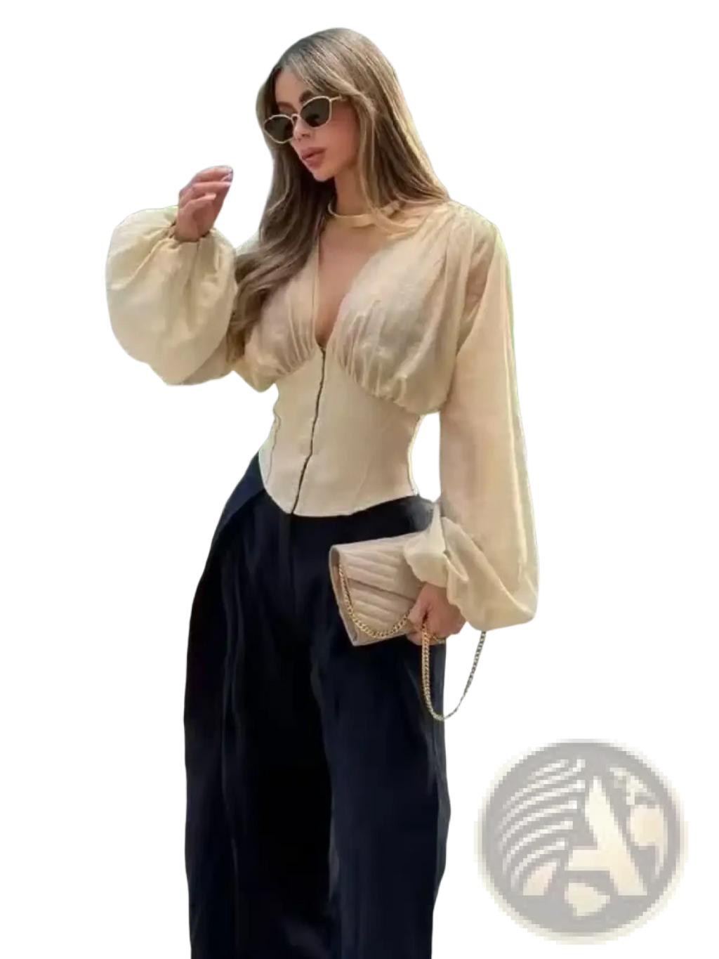 Beige quilted clutch with chain strap complementing sheer v-neck long sleeve blouse beige for elegant occasions