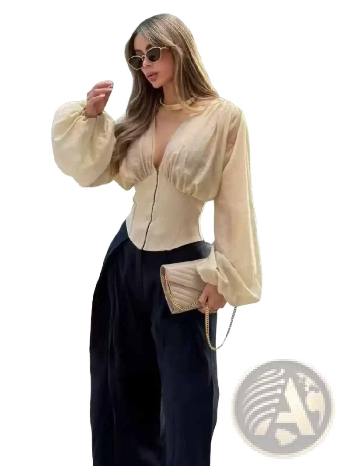 Beige quilted clutch with chain strap complementing sheer v-neck long sleeve blouse beige for elegant occasions
