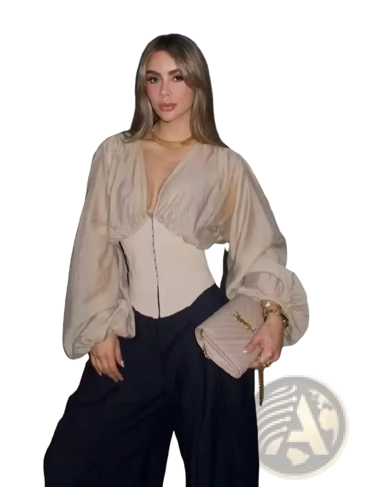 Beige quilted ysl clutch with gold tone hardware complementing a sheer v neck long sleeve blouse beige