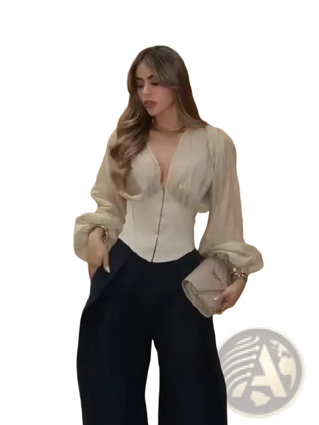 Beige satin sheer v-neck blouse with puffed long sleeves and corset-style bodice for elegant wear