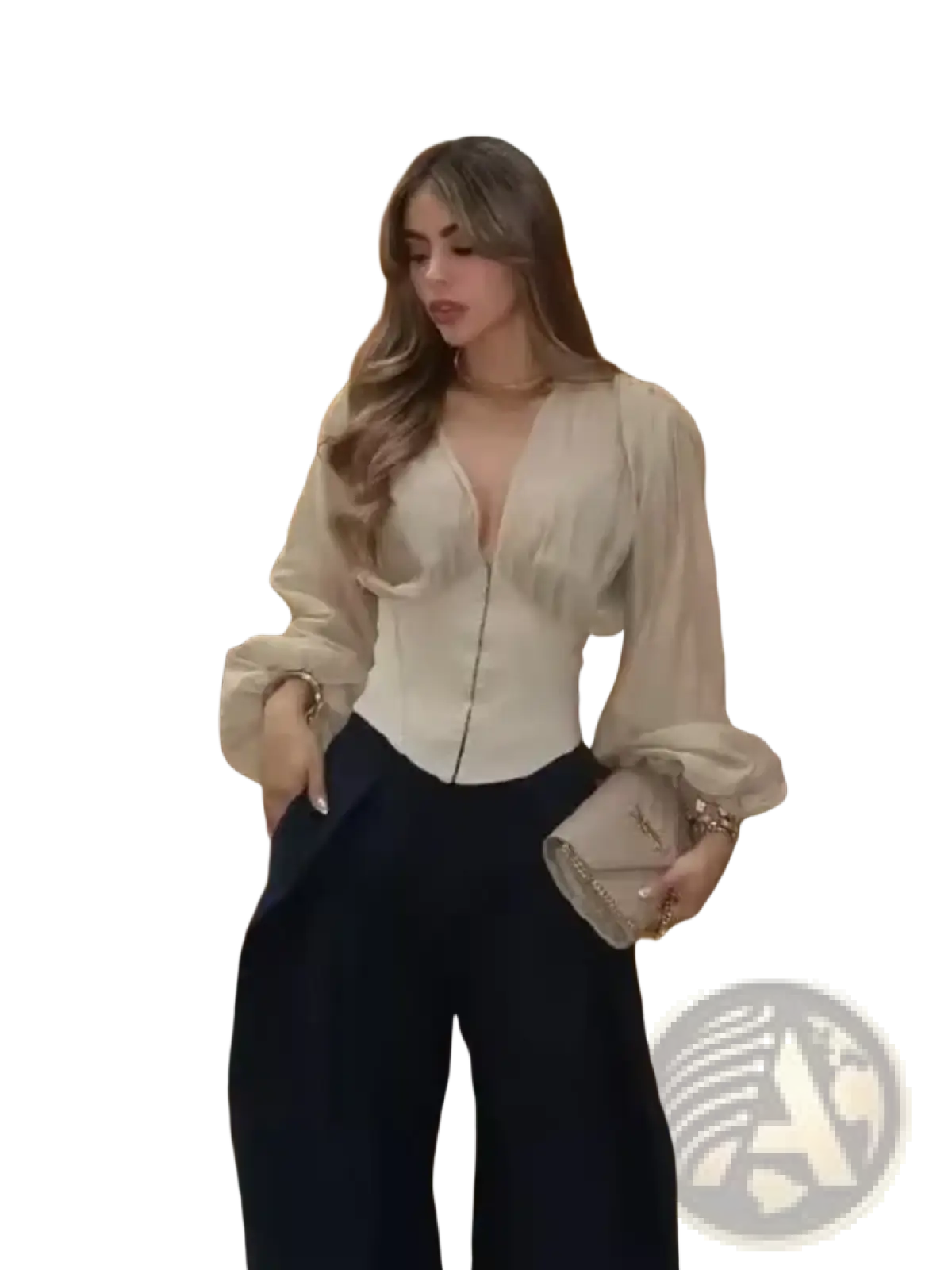 Beige satin sheer v-neck blouse with puffed long sleeves and corset-style bodice for elegant wear