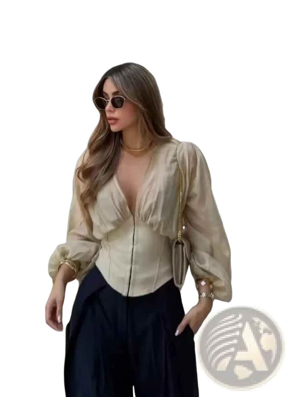 Beige satin sheer v neck long sleeve blouse with puffed sleeves and corset style front design