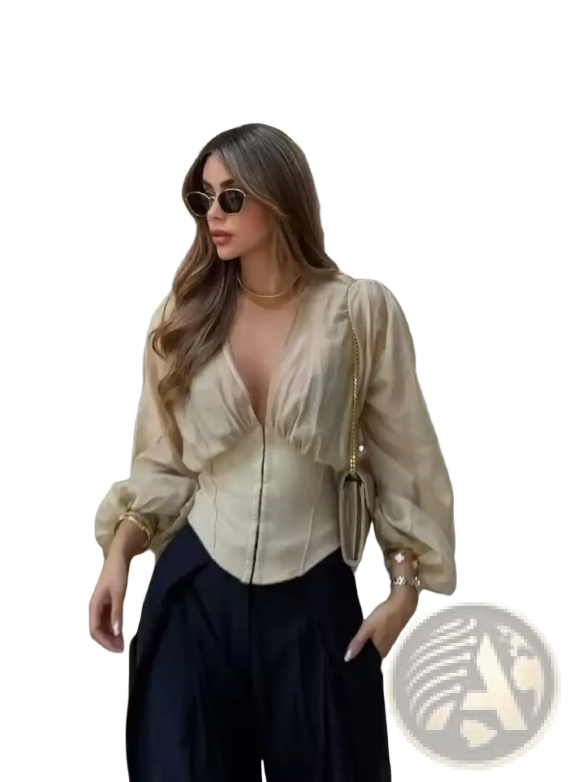 Beige satin sheer v neck long sleeve blouse with puffed sleeves and corset style front design