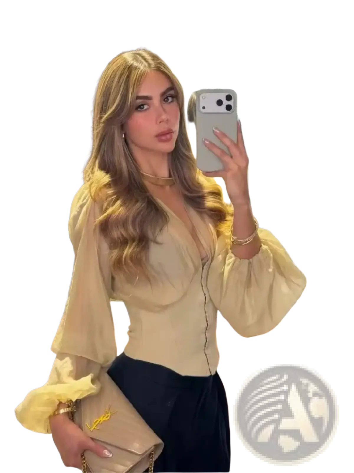 Beige ysl clutch with gold chain and logo paired with sheer v neck long sleeve blouse beige for elegant style