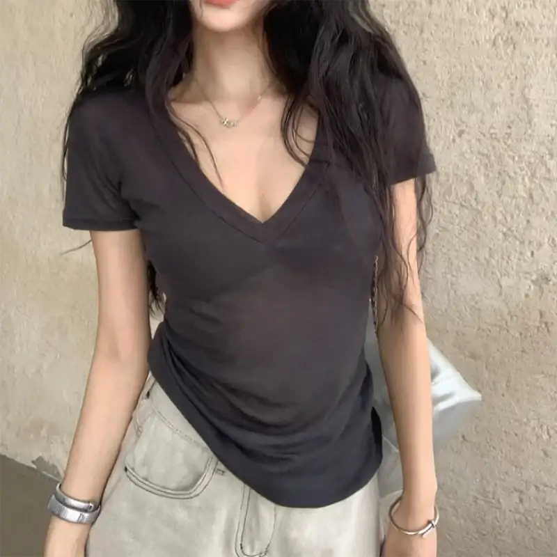 Black sheer v neck slim short sleeve tee for women made of soft fabric with a slightly fitted silhouette