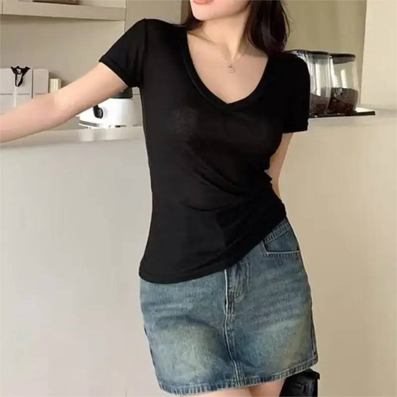 Black sheer slim short sleeve v neck tee for women with twisted front detail for a stylish casual look