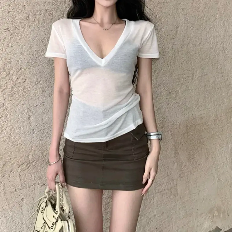 Sheer v neck slim short sleeve tee for women in white with a layered semi transparent design and short sleeves