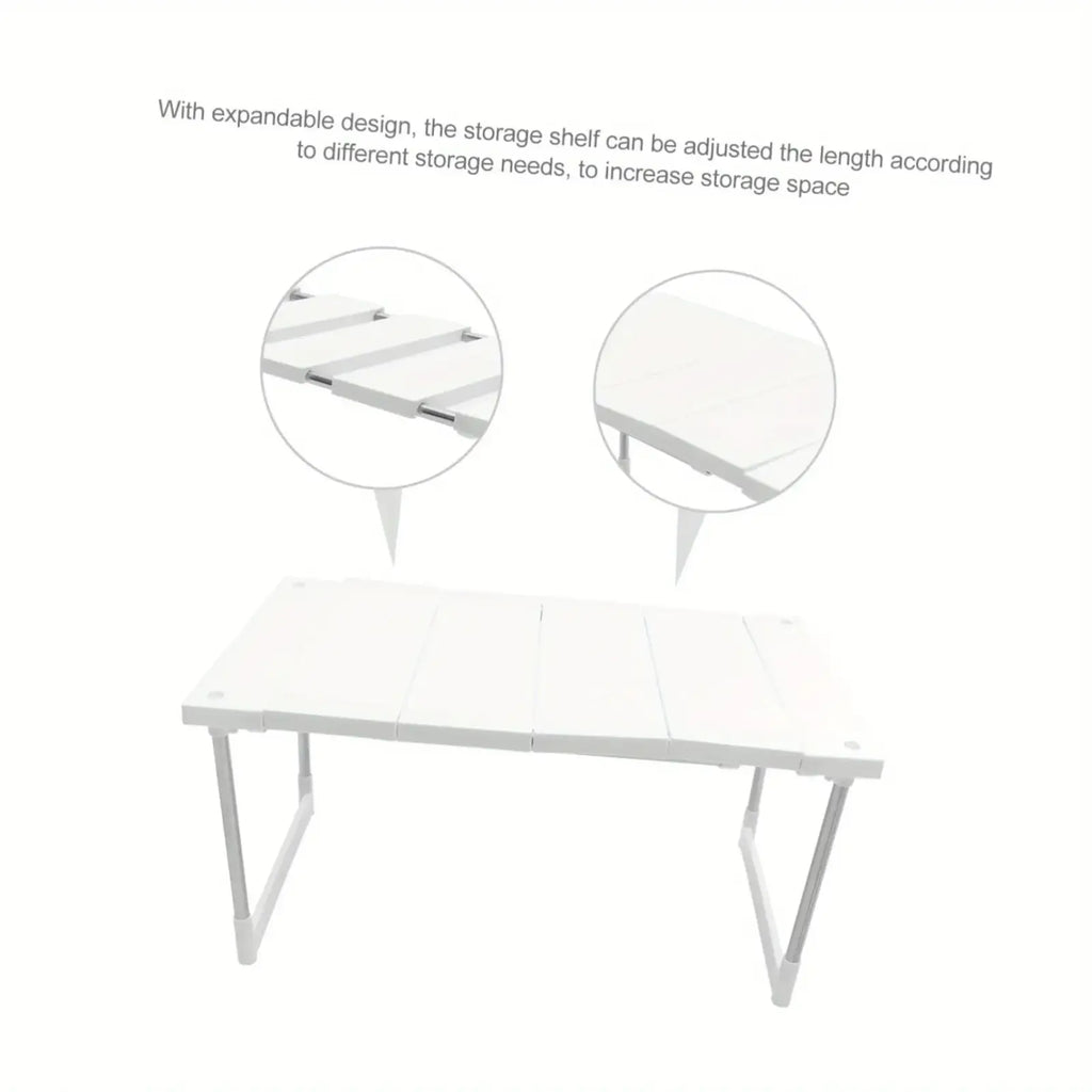 White expandable shelf organizer rack with adjustable length for customizable kitchen storage holder space