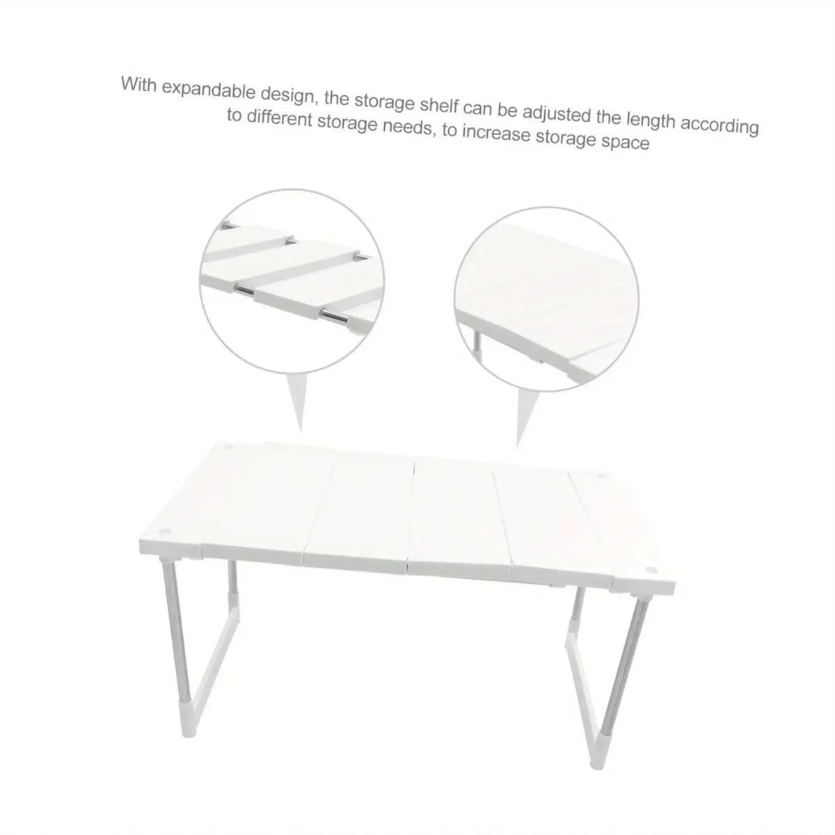 White expandable shelf organizer rack with adjustable length for customizable kitchen storage holder space