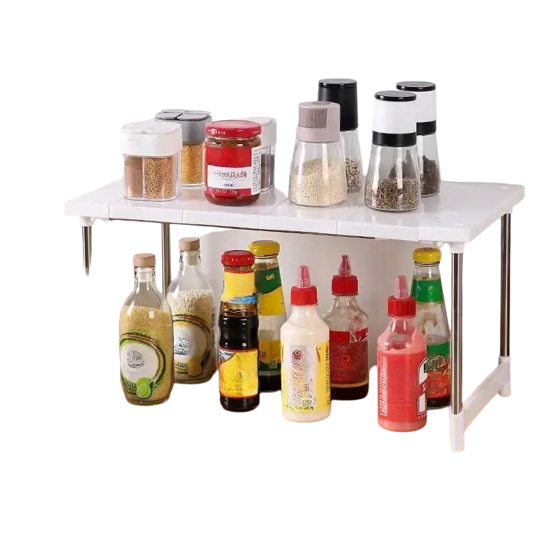 White plastic shelf organizer rack with stainless steel legs for kitchen counter storage holder and spice organization
