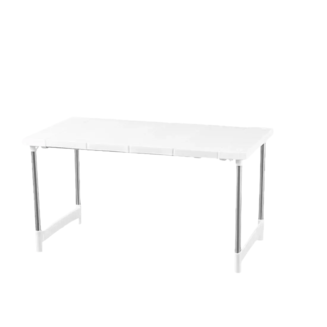 White plastic shelf organizer rack with silver metal legs serving as a kitchen counter storage holder
