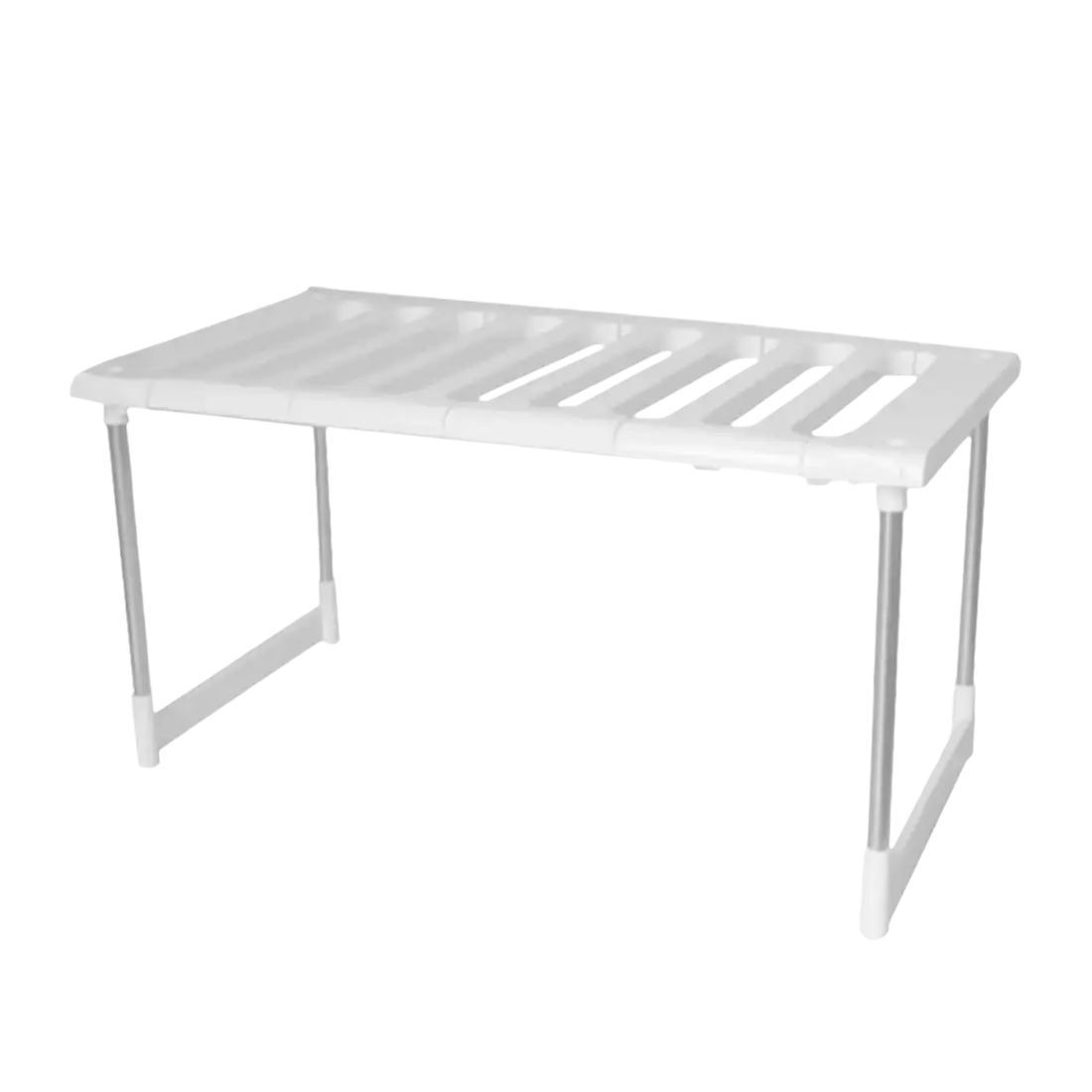 White plastic shelf organizer rack with silver metal legs and slatted top as kitchen storage holder