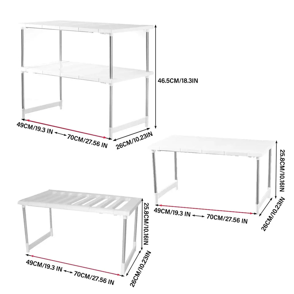 White plastic and metal adjustable three-tier shelf organizer rack for kitchen counter storage holder