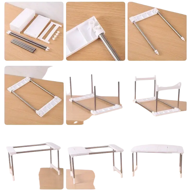 White plastic and stainless steel adjustable shelf organizer rack for kitchen counter storage holder with minimalist design