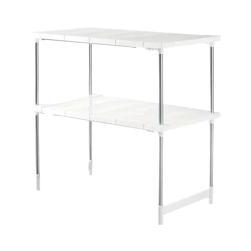 White plastic two-tier shelf organizer rack with silver metal legs as a kitchen counter storage holder