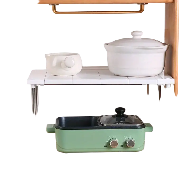 White tiled shelf organizer rack with stainless steel legs and white plastic feet storage holder for kitchen counter