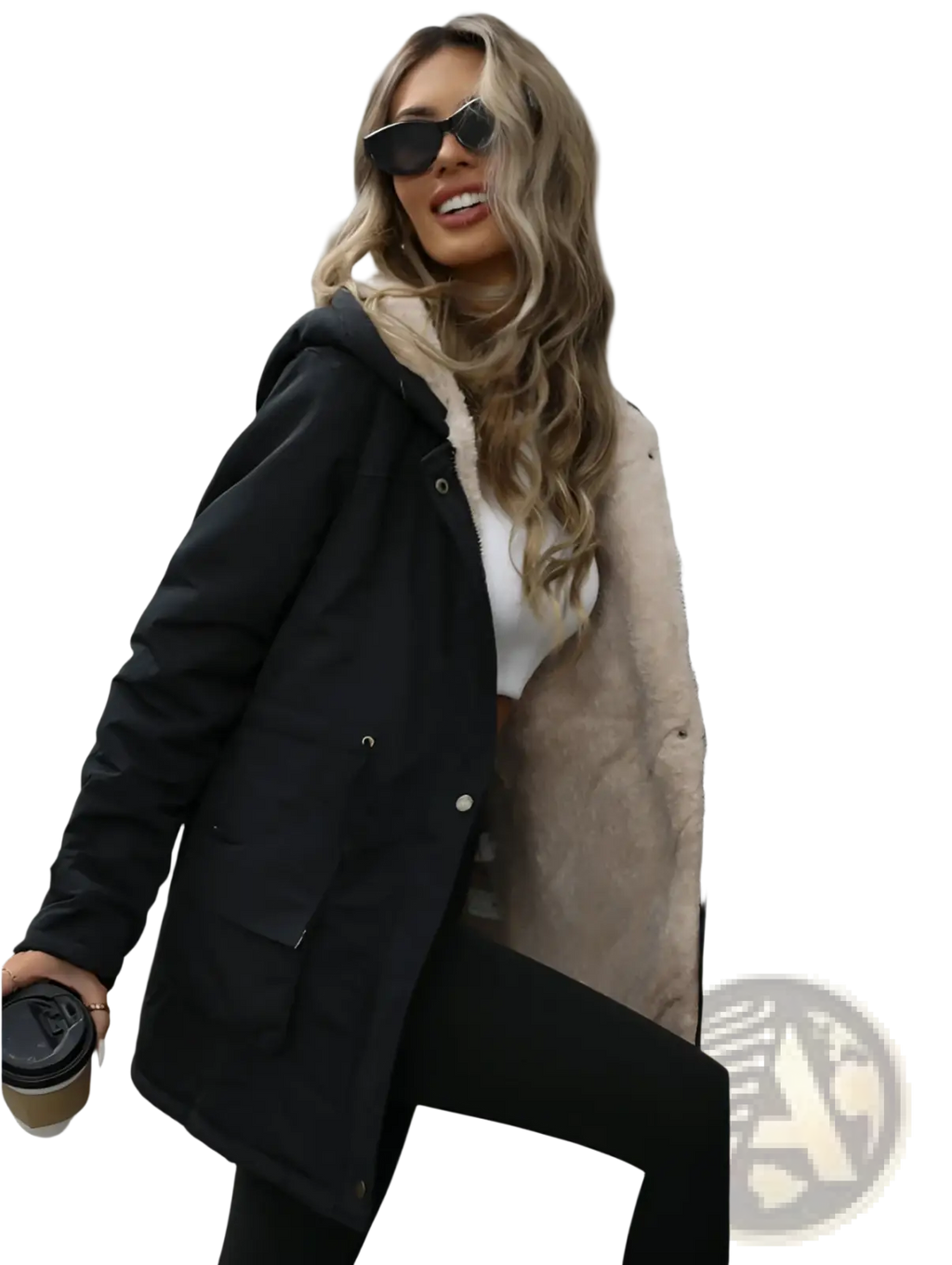 Black hooded zip up parka with plush beige shearling lining for warmth and style in cold weather