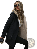 Black hooded zip up parka with plush beige shearling lining for warmth and style in cold weather