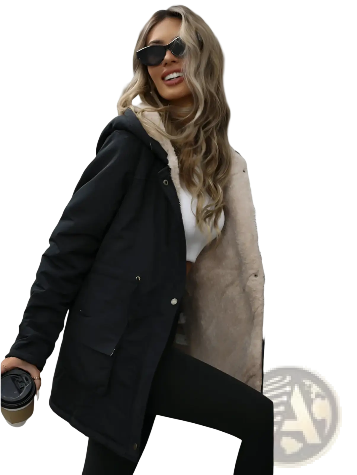 Black hooded zip up parka with plush beige shearling lining for warmth and style in cold weather