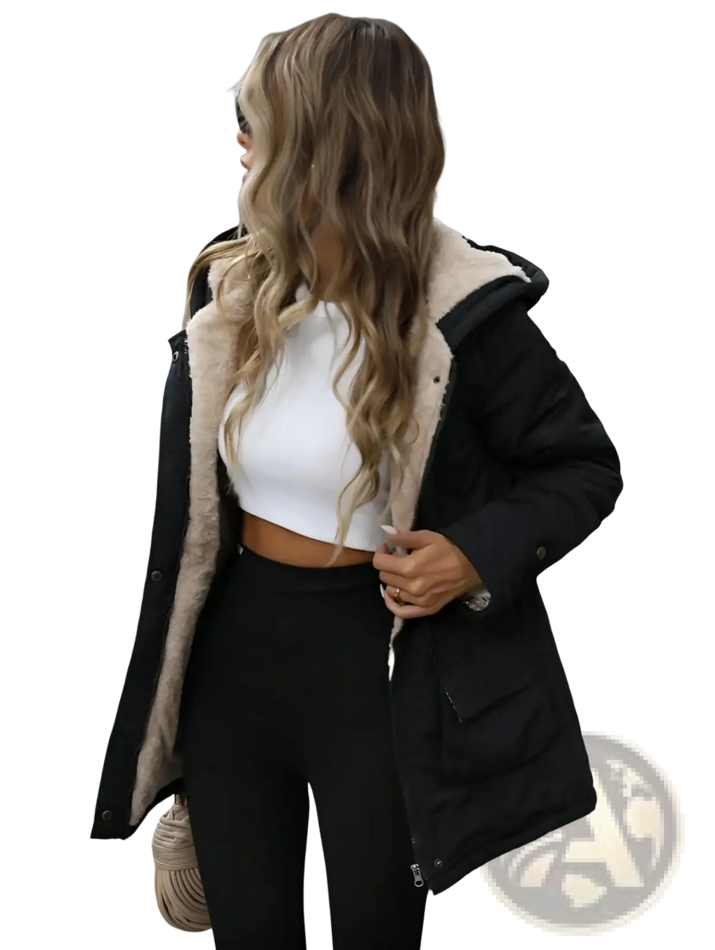 Black puffer coat sherling lined hooded zip up parka with beige shearling lining for warmth and style