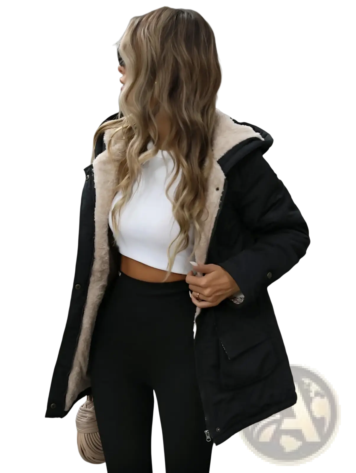 Black puffer coat sherling lined hooded zip up parka with beige shearling lining for warmth and style