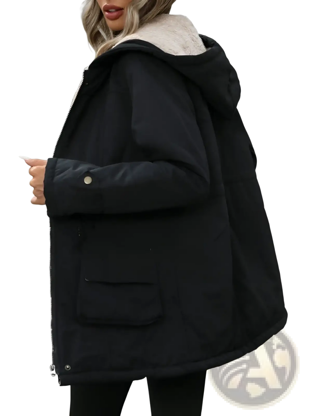 Black sherling lined hooded zip up parka with plush beige shearling-lined hood and front pockets in puffer style