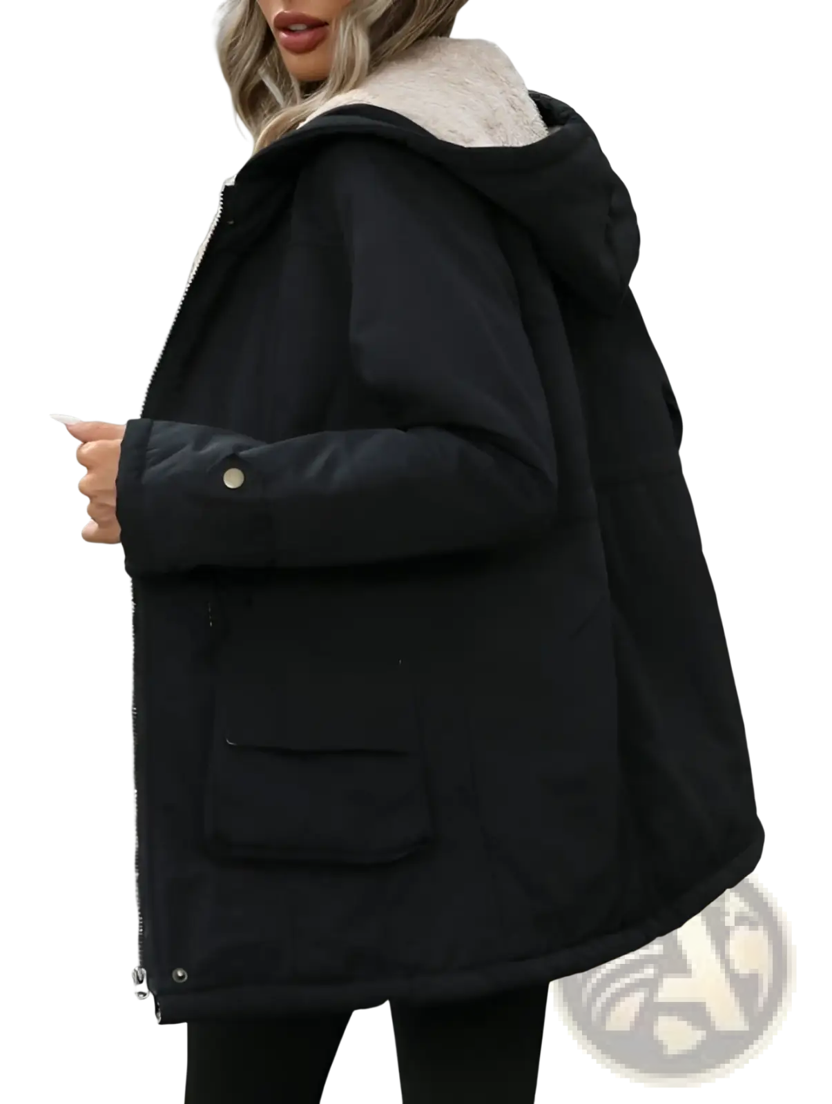 Black sherling lined hooded zip up parka with plush beige shearling-lined hood and front pockets in puffer style