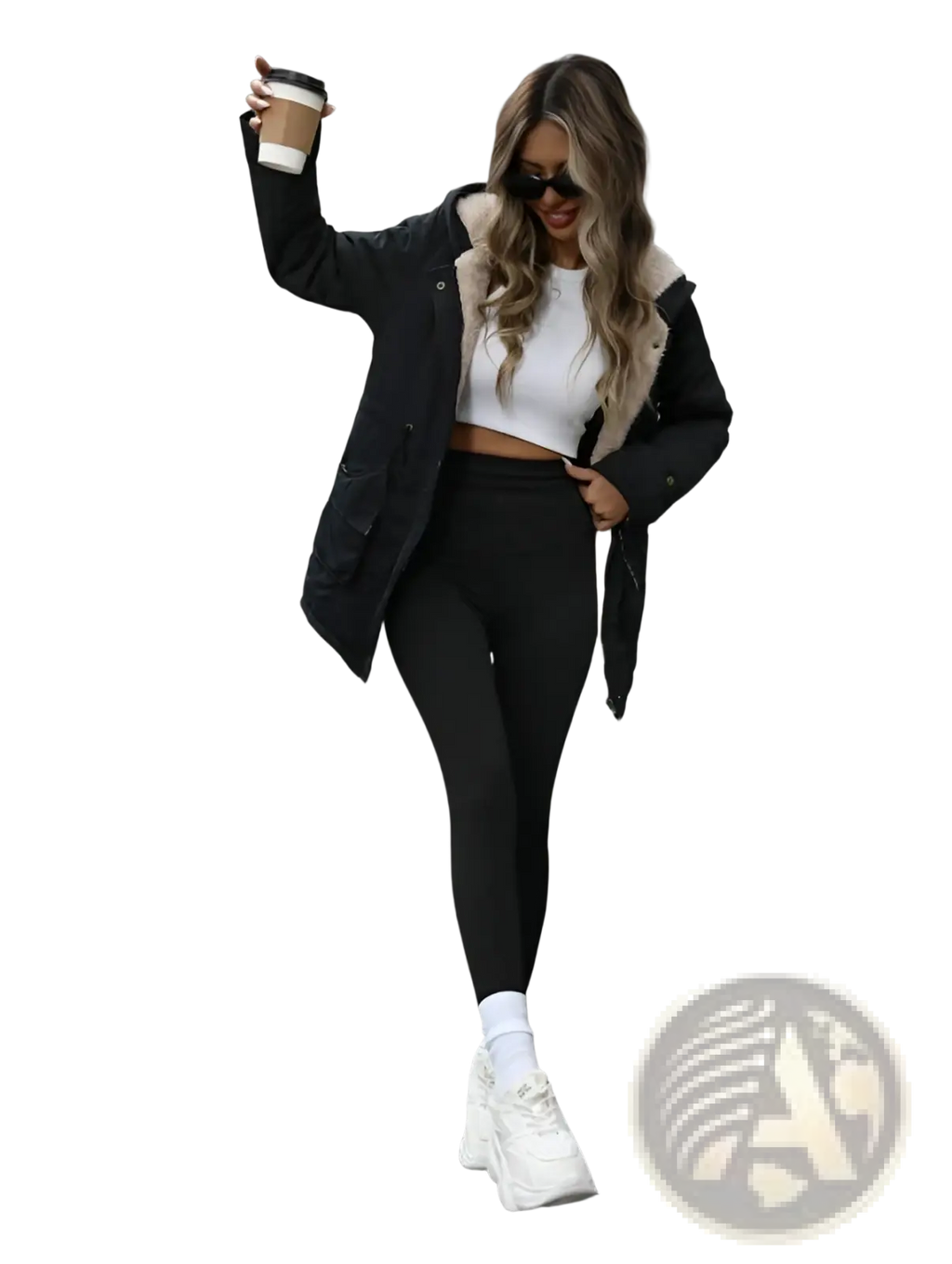 Black shearling lined hooded zip up parka paired with a cropped white top and black leggings on a model front view