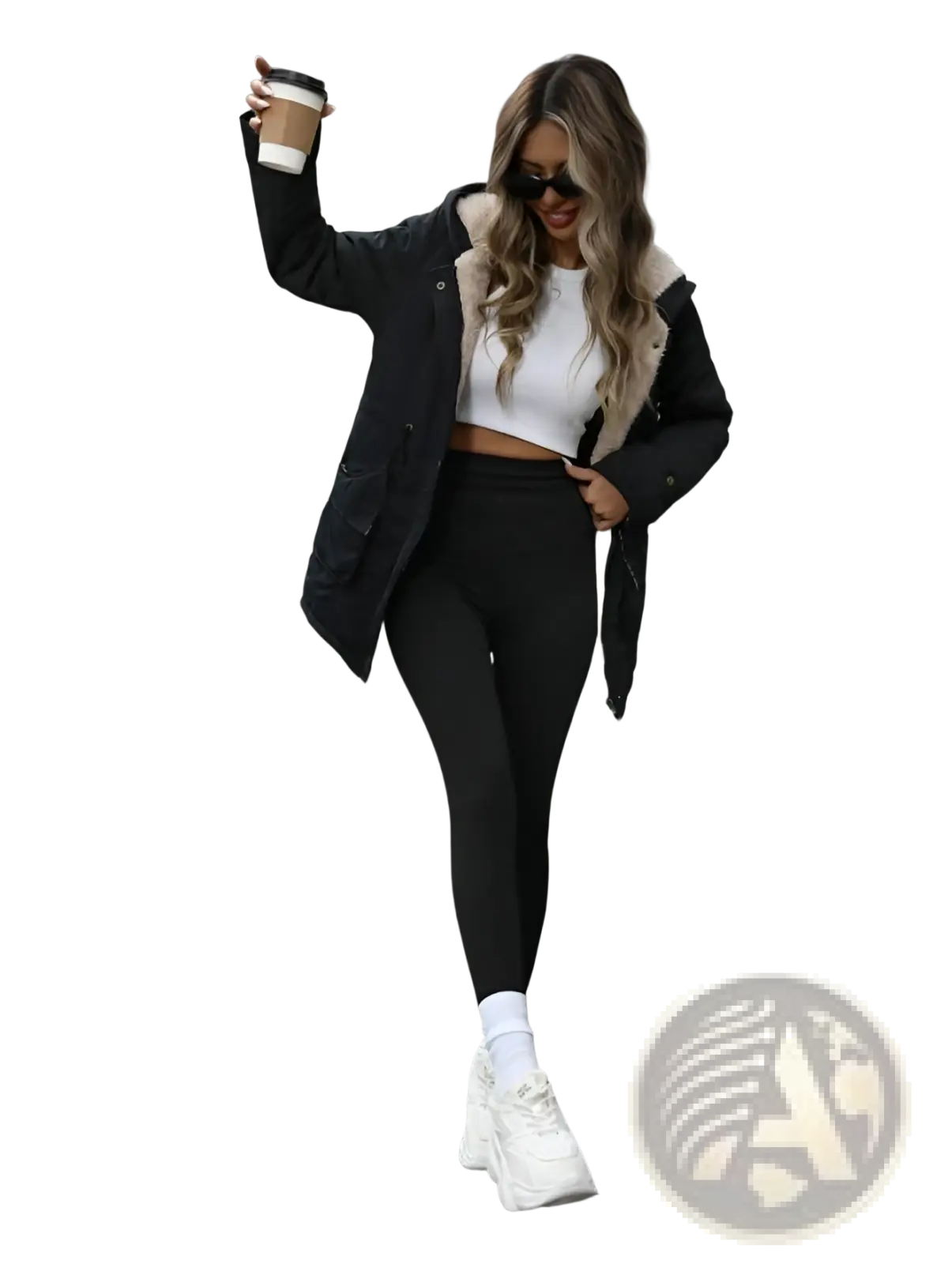 Black shearling lined hooded zip up parka paired with a cropped white top and black leggings on a model front view