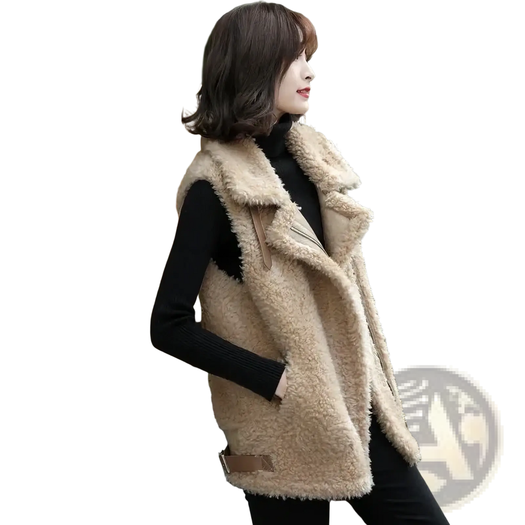 Beige sherpa fleece sleeveless vest with faux fur lining collar and zipper front for warm winter outerwear