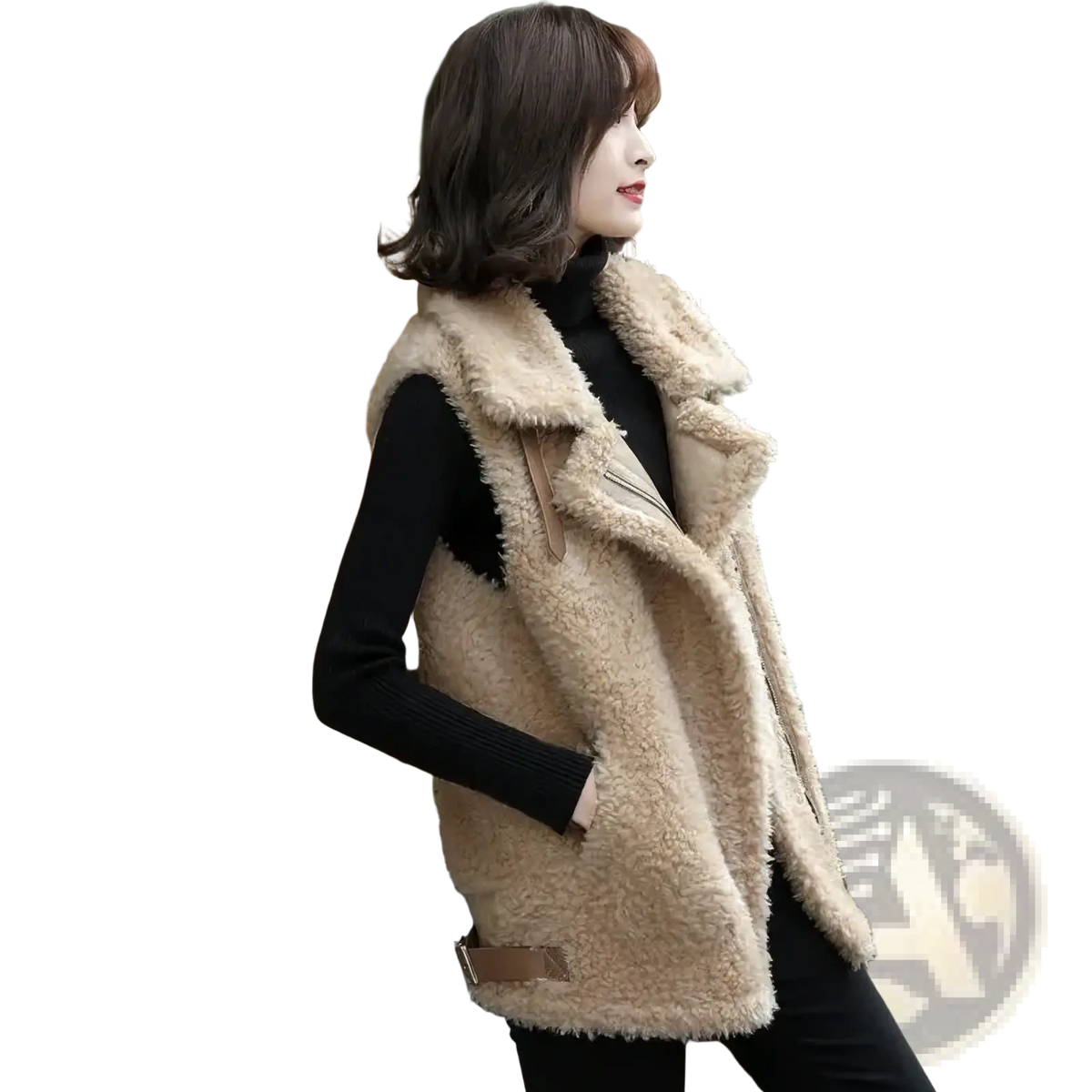 Beige sherpa fleece sleeveless vest with faux fur lining collar and zipper front for warm winter outerwear