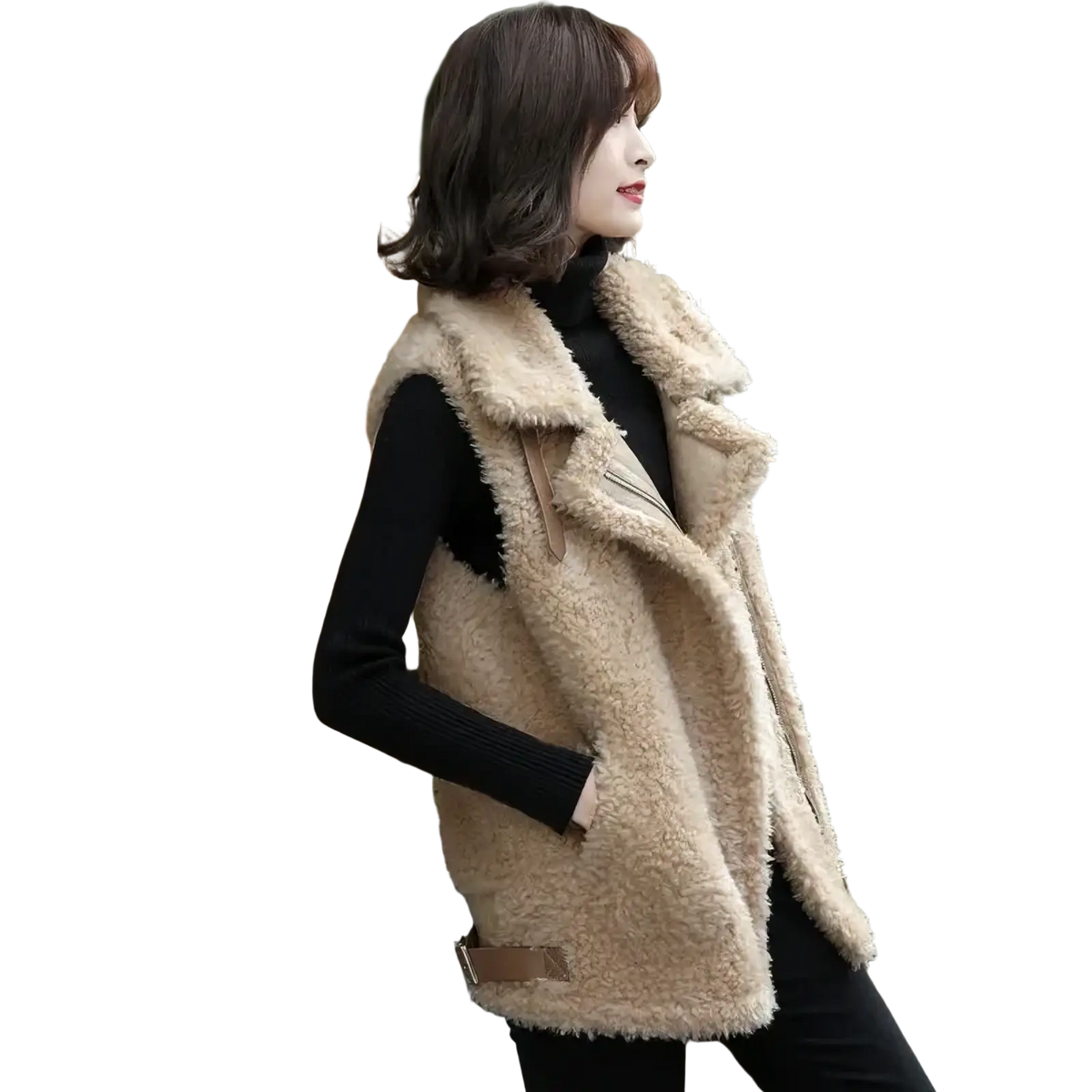 Beige sherpa fleece vest with faux fur lining collar and zipper front warm winter outerwear sleeveless design