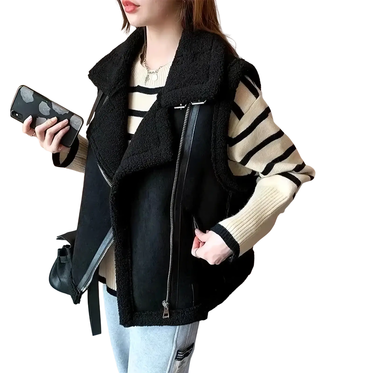 Black sherpa fleece vest with shearling lining, zipper front, and contrasting ribbed knit sleeves for warm winter outerwear