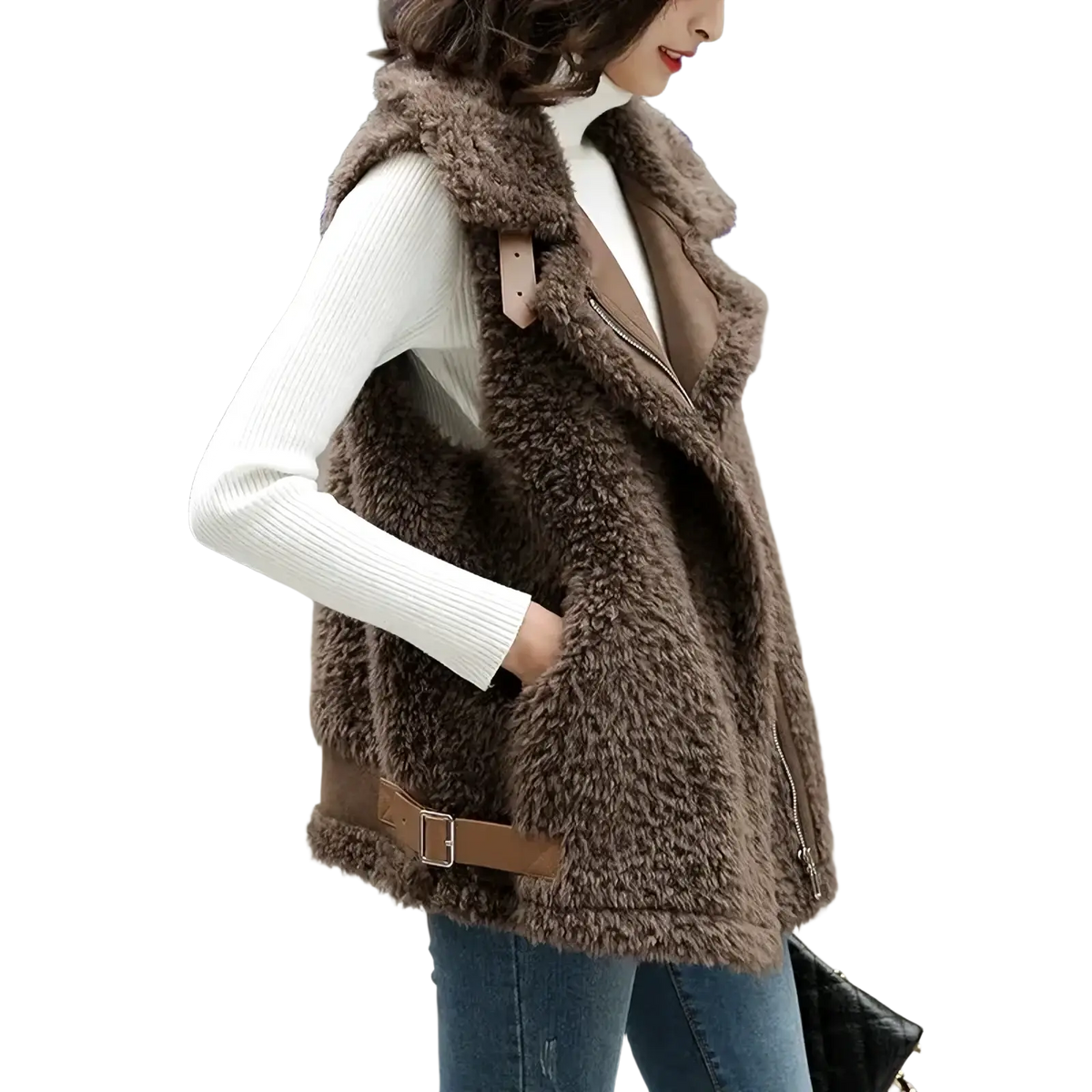 Brown sherpa fleece vest with faux fur texture zipper front and brown leather belt warm winter outerwear