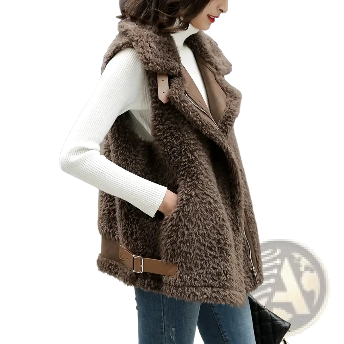 Brown sherpa fleece vest with faux fur texture zipper front and brown leather belt warm winter outerwear