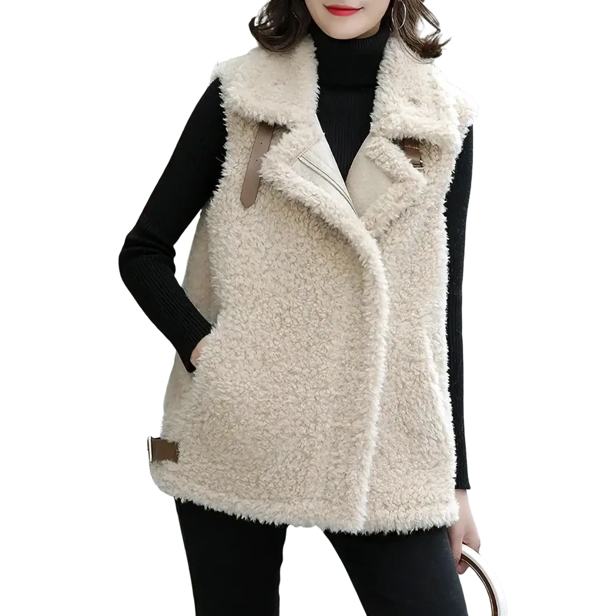 Cream-colored shearling vest with faux fur texture and brown leather accents in sherpa fleece warm winter outerwear