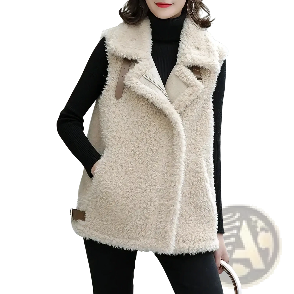 Cream-colored shearling vest with faux fur texture and brown leather accents in sherpa fleece warm winter outerwear