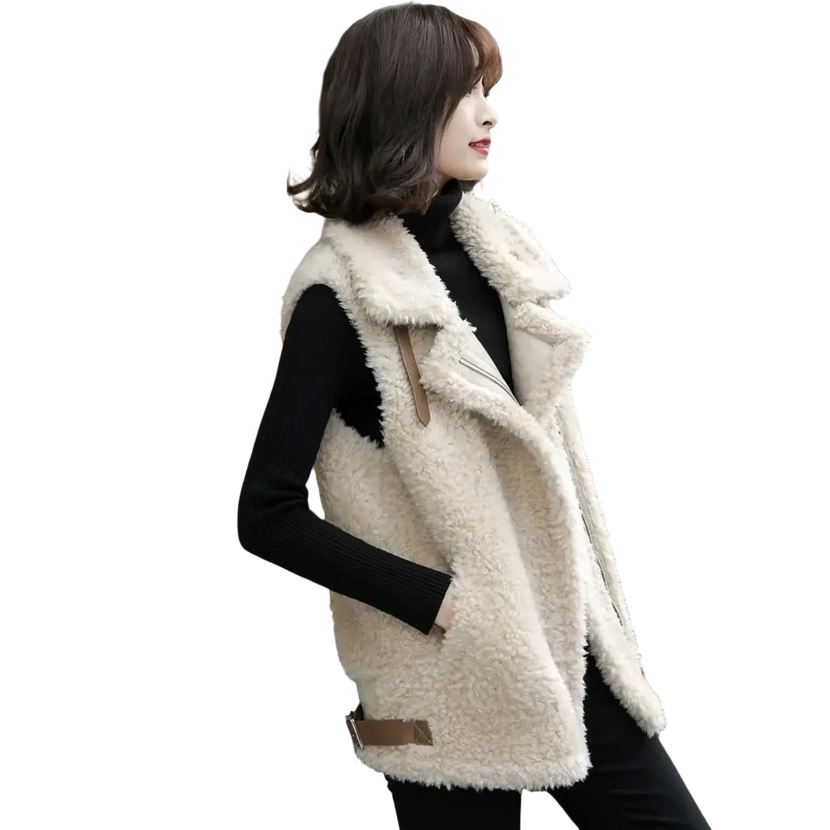 Cream-colored sherpa fleece vest with plush shearling texture and brown leather trim warm winter outerwear