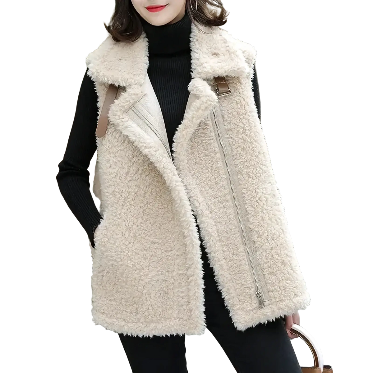 Cream-colored sherpa fleece vest with plush shearling exterior and black ribbed inner lining for warm winter outerwear