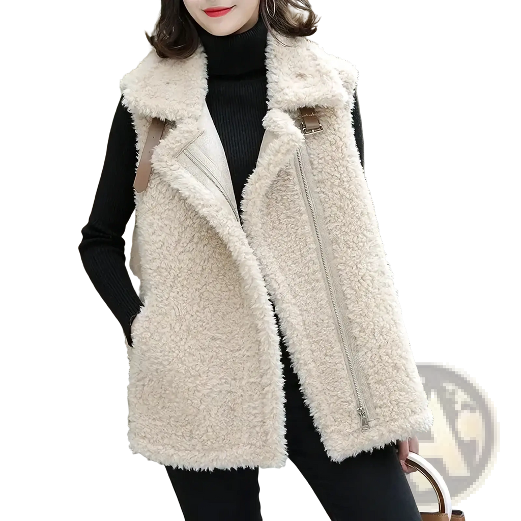 Cream-colored sherpa fleece vest with plush shearling exterior and black ribbed inner lining for warm winter outerwear